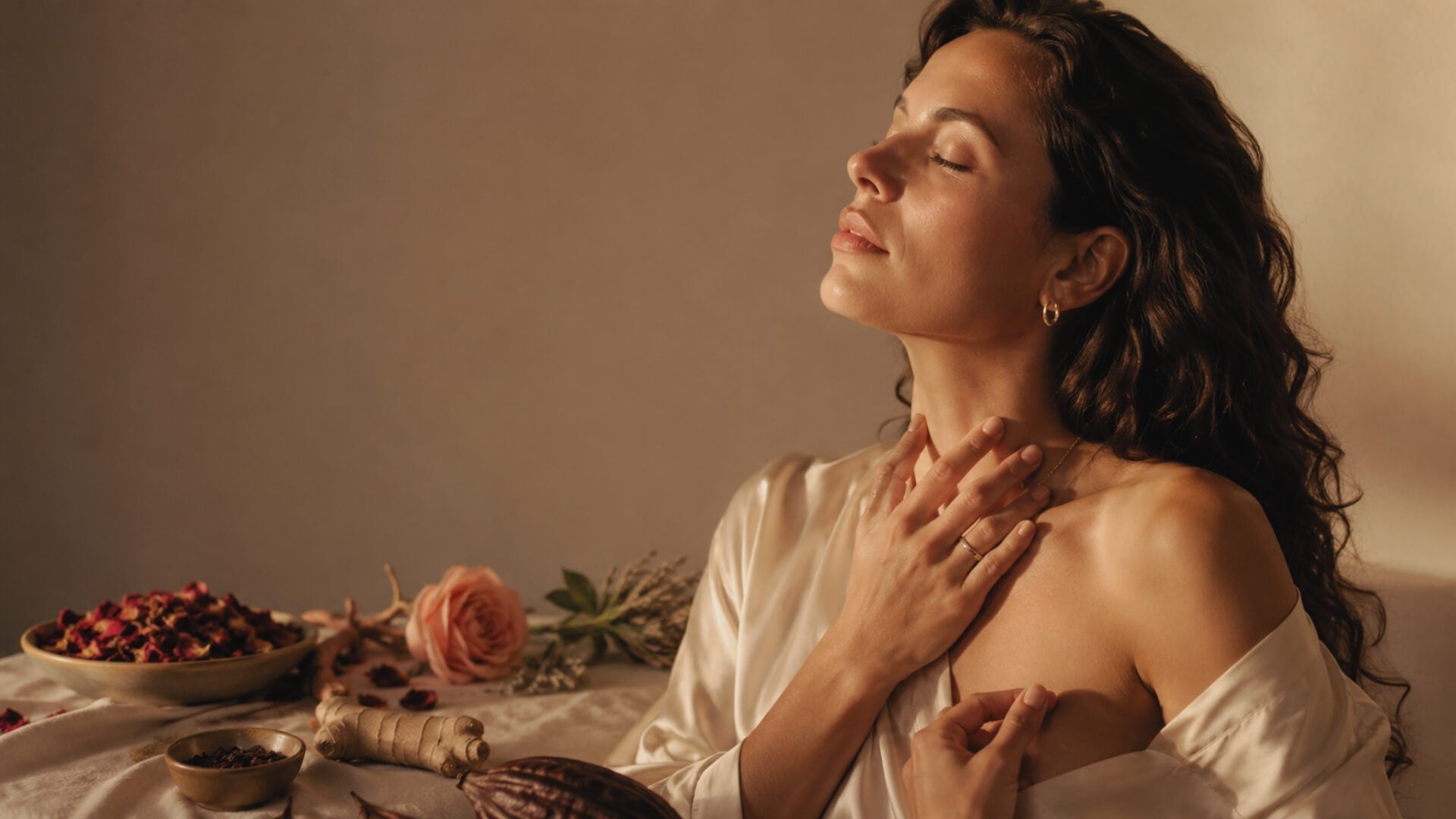 Femme en peignoir de soie, yeux fermés, une main posée sur le haut de la poitrine, roses et plantes séchées à côté d'elle — plantes et solutions naturelles pour la libido féminine