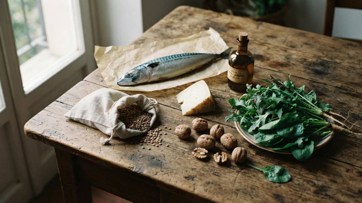 Légumes frais, lentilles, noix, huile d'olive et poisson gras disposés sur une table en bois — alimentation anti-inflammatoire et endométriose