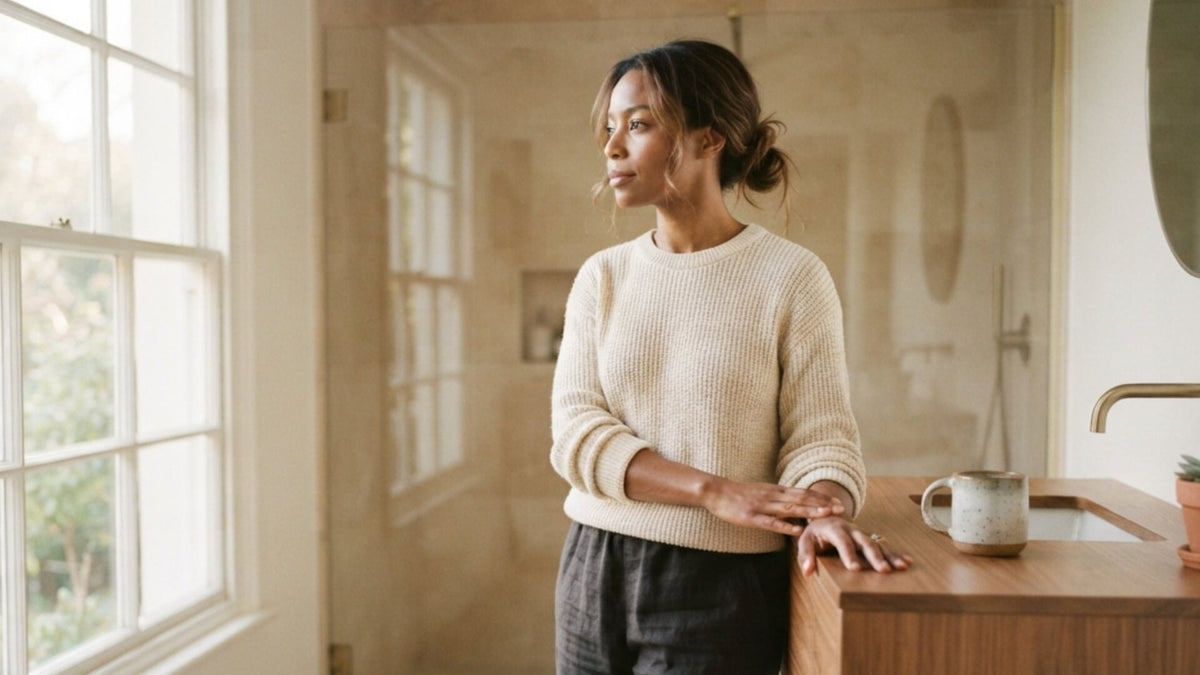 Femme debout dans sa salle de bain à la lumière du matin, dans un moment calme du quotidien — retour du cycle après l'arrêt de la pilule