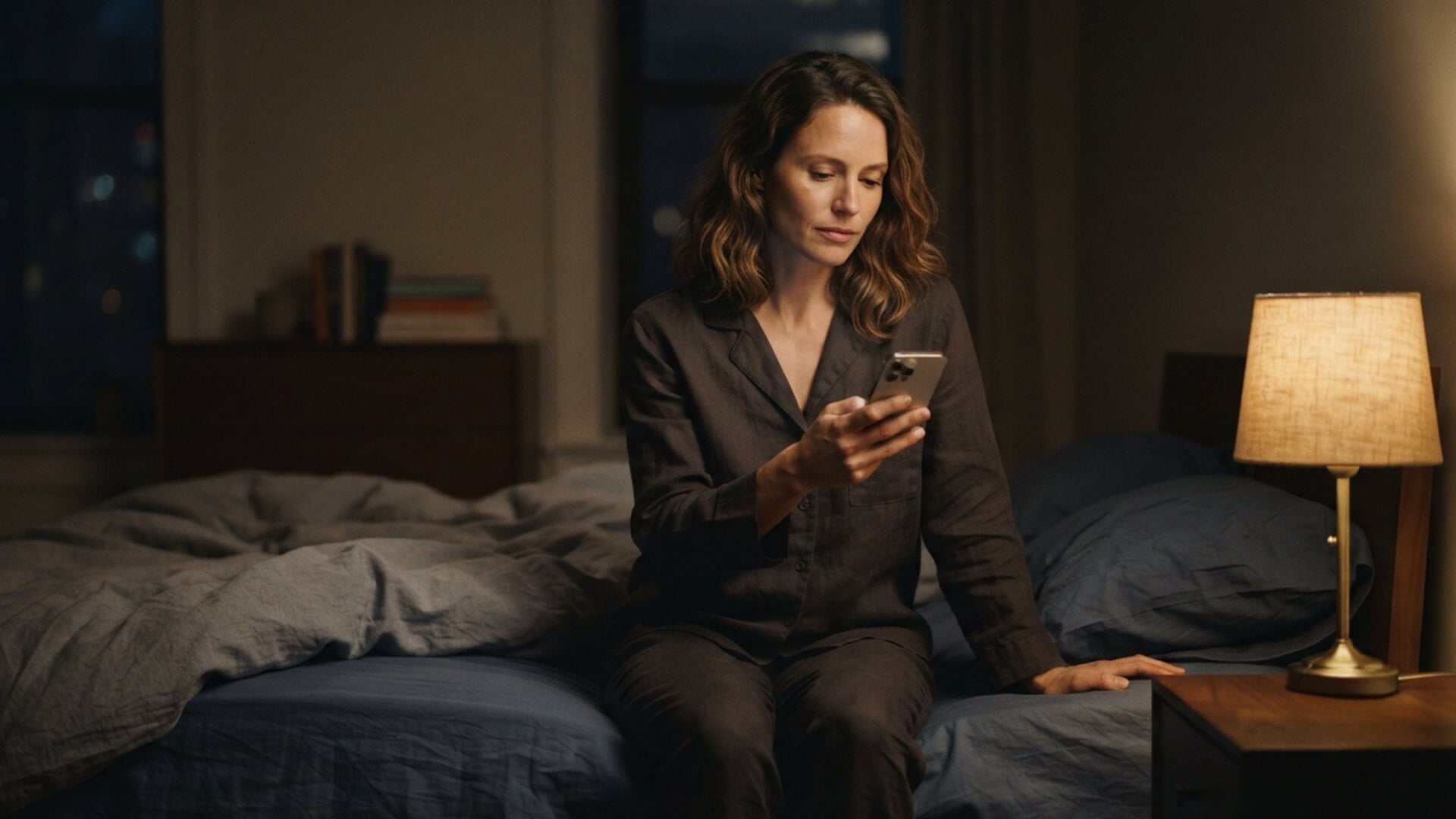 Femme assise au bord de son lit la nuit, téléphone à la main près d'une lampe de chevet allumée — reconnaître une crise d'endométriose et savoir quand consulter