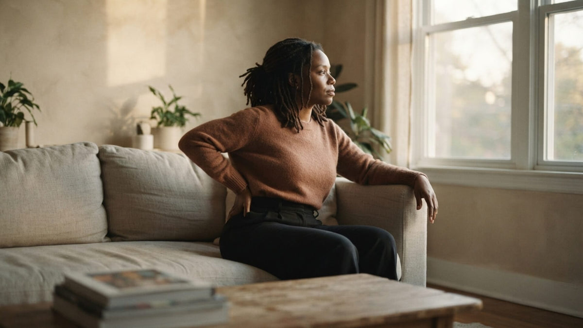 Femme assise sur un canapé, une main posée au bas du dos, le regard tourné vers la fenêtre — les localisations des douleurs de l'endométriose