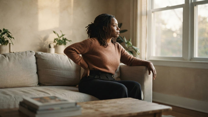 Femme assise sur un canapé, une main posée au bas du dos, le regard tourné vers la fenêtre — les localisations des douleurs de l'endométriose