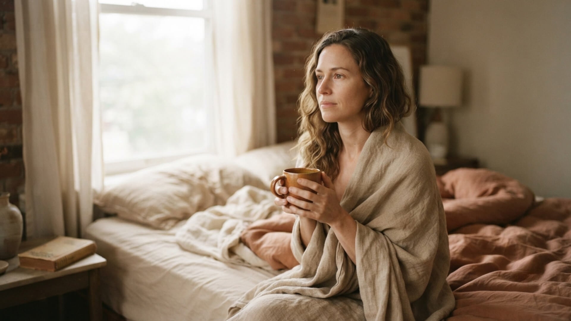 Jeune femme assise au bord de son lit, une tasse entre les mains, dans la lumière du matin — comprendre les symptômes de l'endométriose