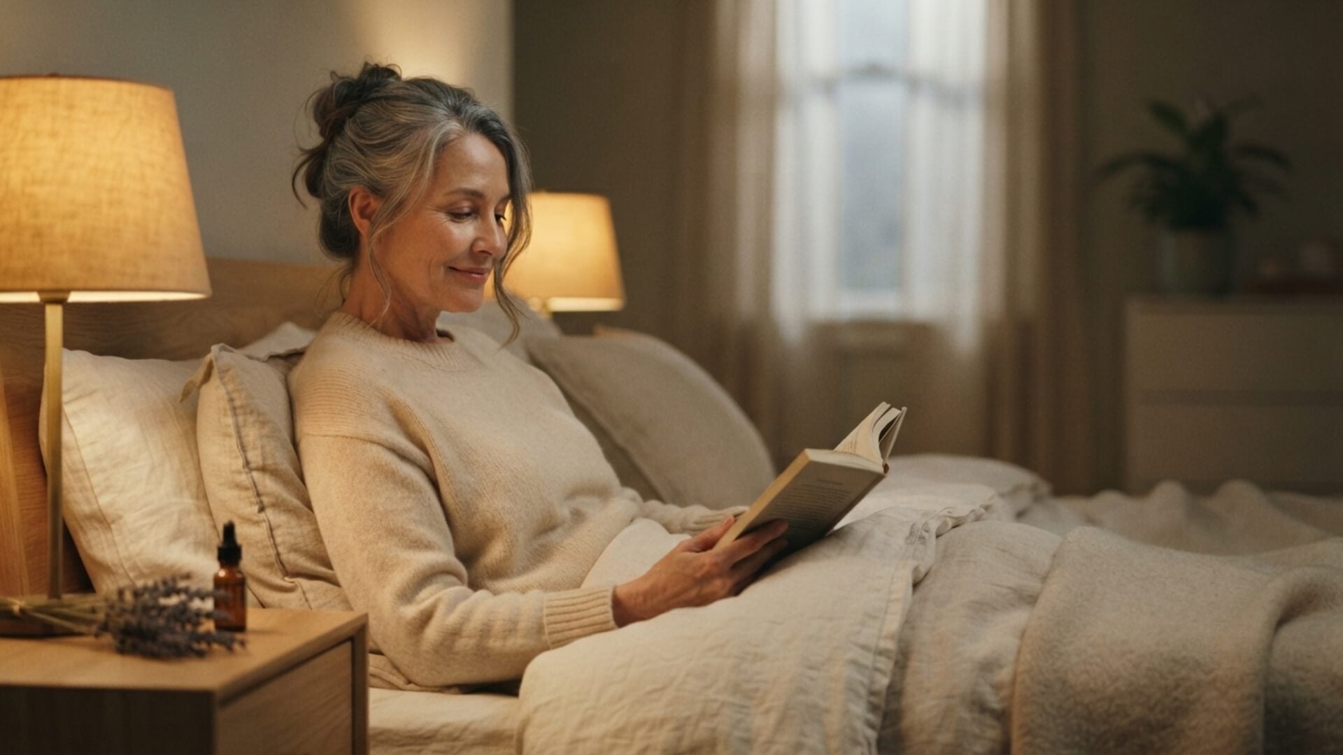 Femme lisant dans un fauteuil à la lumière douce du soir — fatigue et sommeil à la ménopause