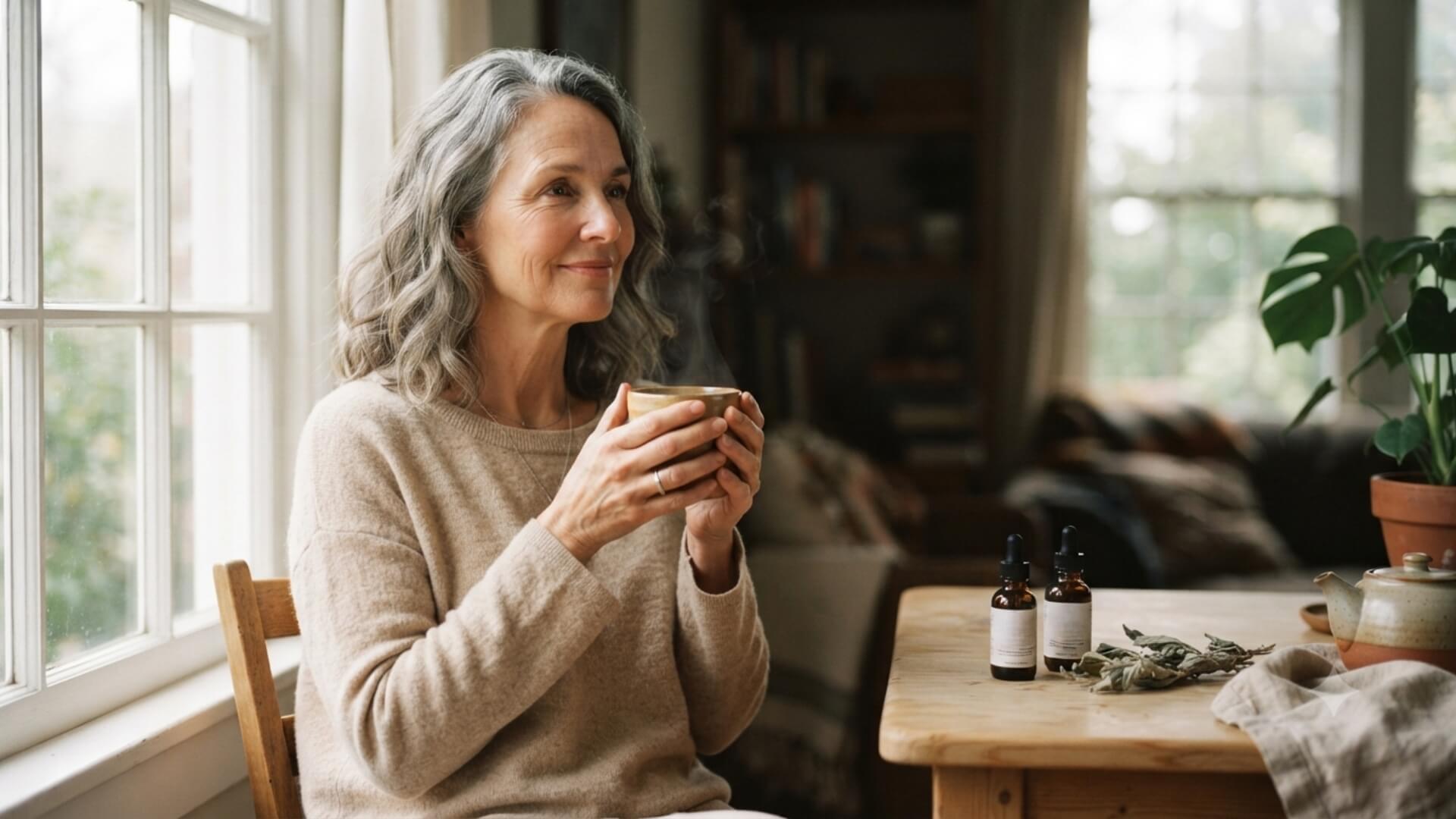 Femme d'une cinquantaine d'années tenant une tasse de tisane près d'une fenêtre — symptômes de la ménopause et approche naturelle