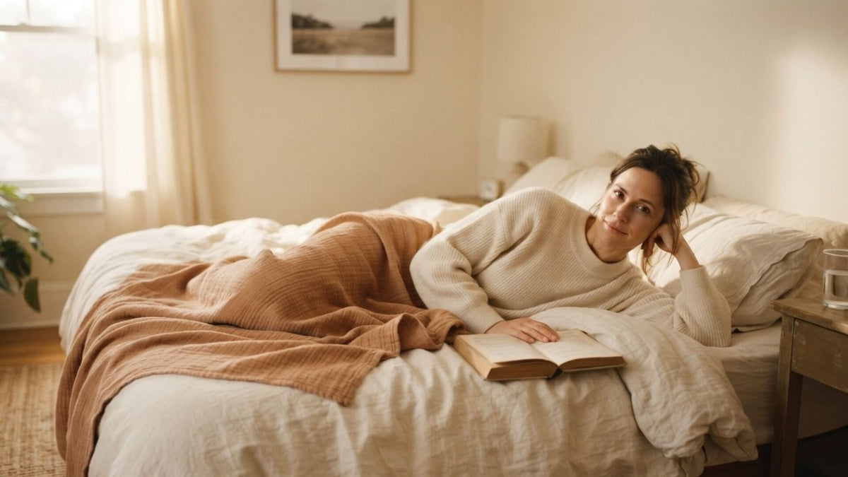 Femme allongée sur son lit en fin de matinée, un livre ouvert à côté d'elle — règles abondantes, repères et quand consulter