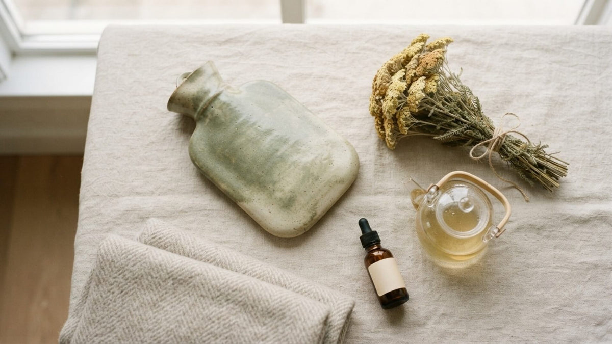 Nature morte sur lin clair — bouillotte, achillée millefeuille séchée, théière en verre et flacon compte-gouttes — plantes et remèdes pour les règles douloureuses