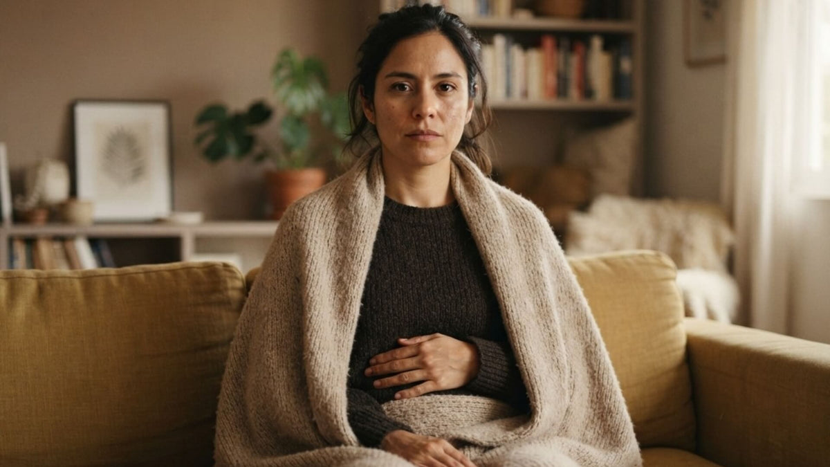 Femme assise sur un canapé sous un plaid, une main posée sur le bas-ventre, le regard posé — règles douloureuses et quand consulter