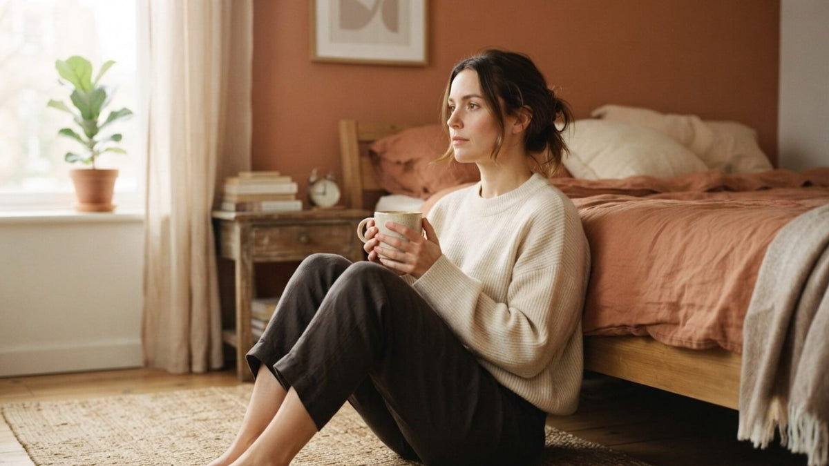 Jeune femme assise au sol contre son lit, tasse entre les mains, regard tourné vers la fenêtre — retard de règles et causes possibles