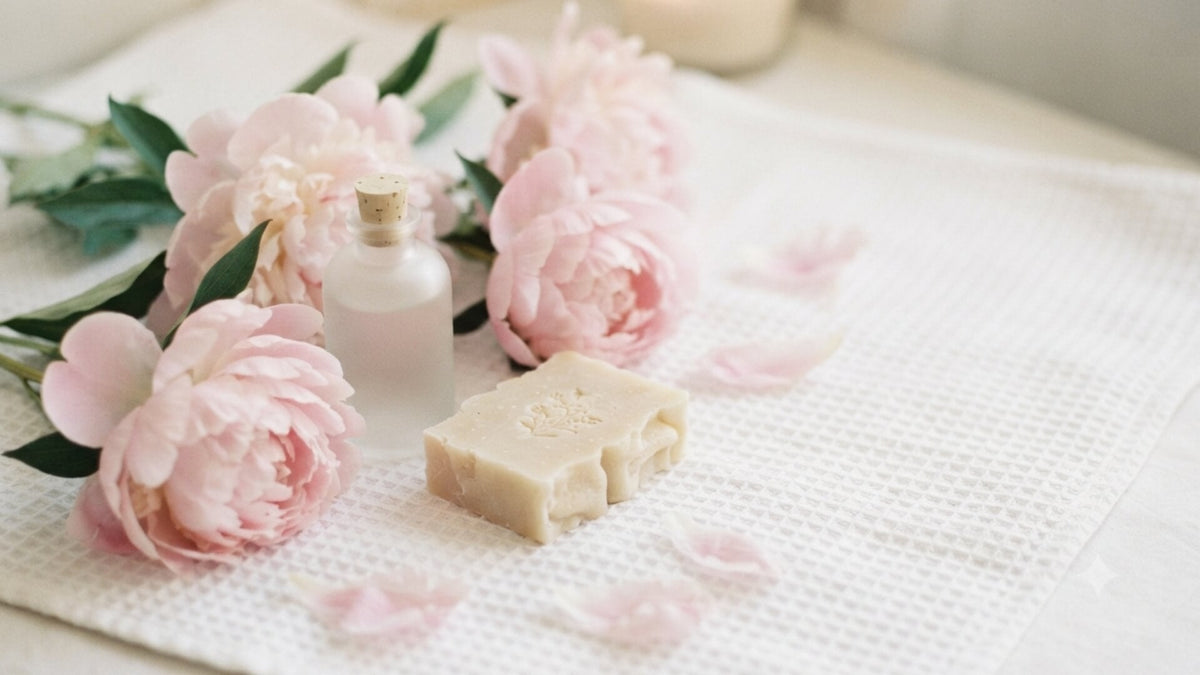 Pivoine posée délicatement près d'un flacon de soin, dans une lumière douce — sécheresse intime à la ménopause