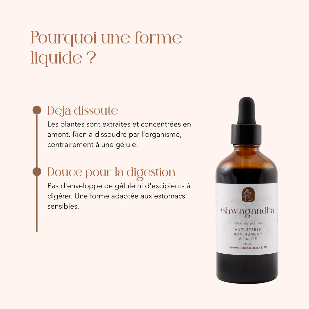 Élixir Ashwagandha en forme liquide : plantes déjà dissoutes, sans gélule ni excipient