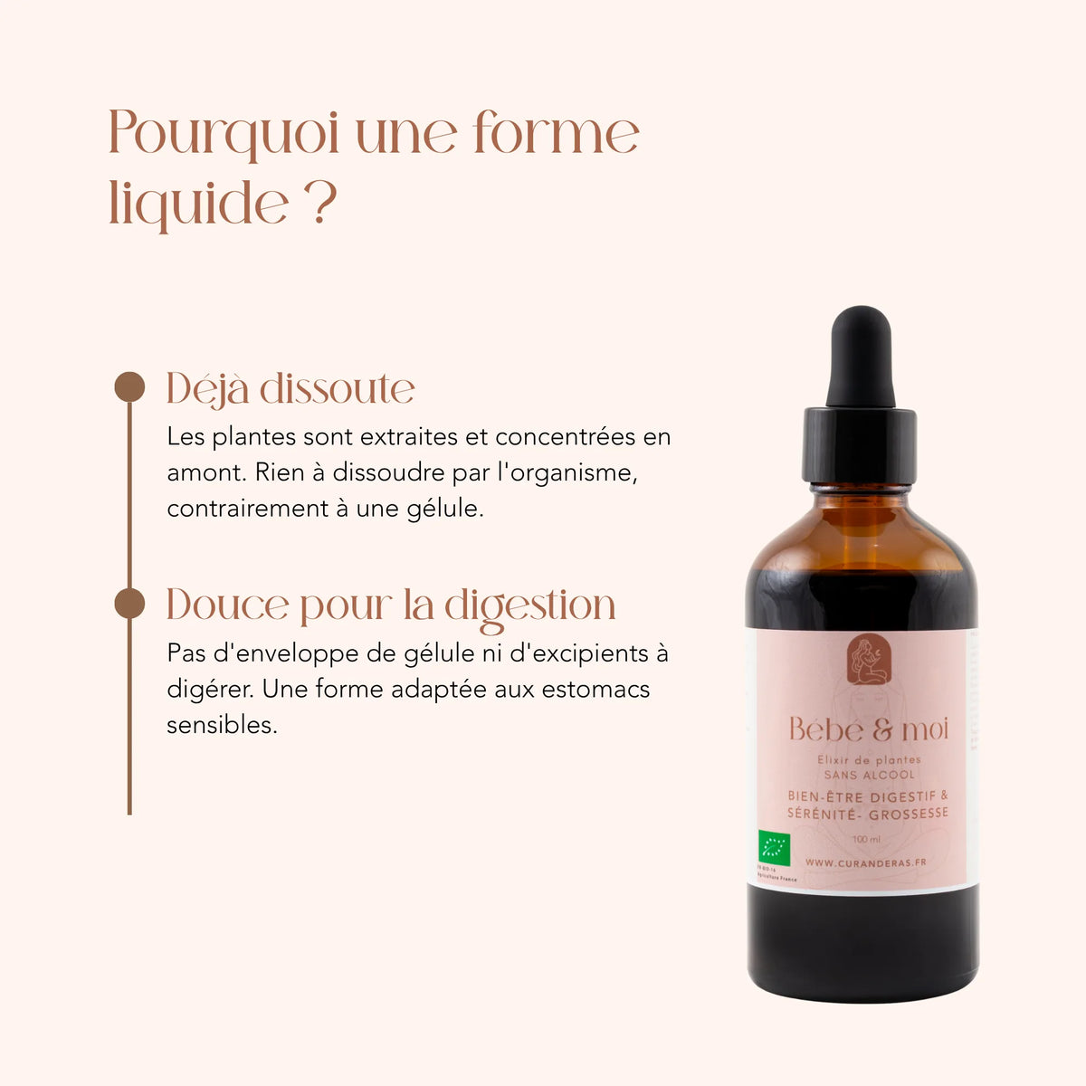 Élixir Bébé & moi en forme liquide : plantes déjà dissoutes, sans gélule ni excipient