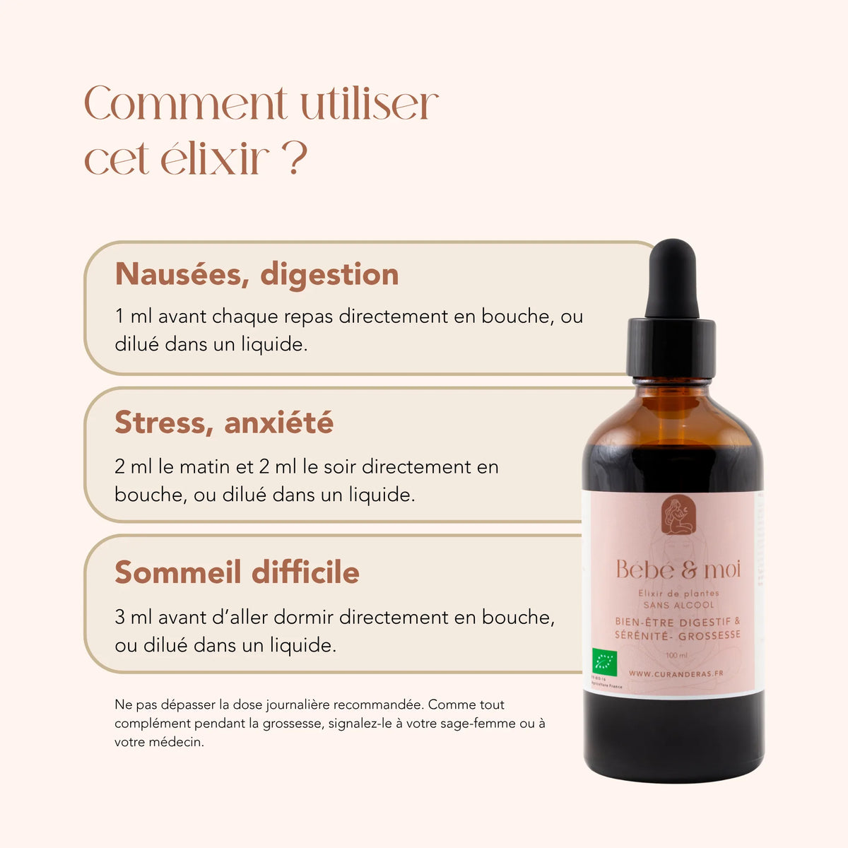 Mode d'emploi de l'élixir Bébé & moi : 1 à 3 ml selon le moment, en bouche ou dilué