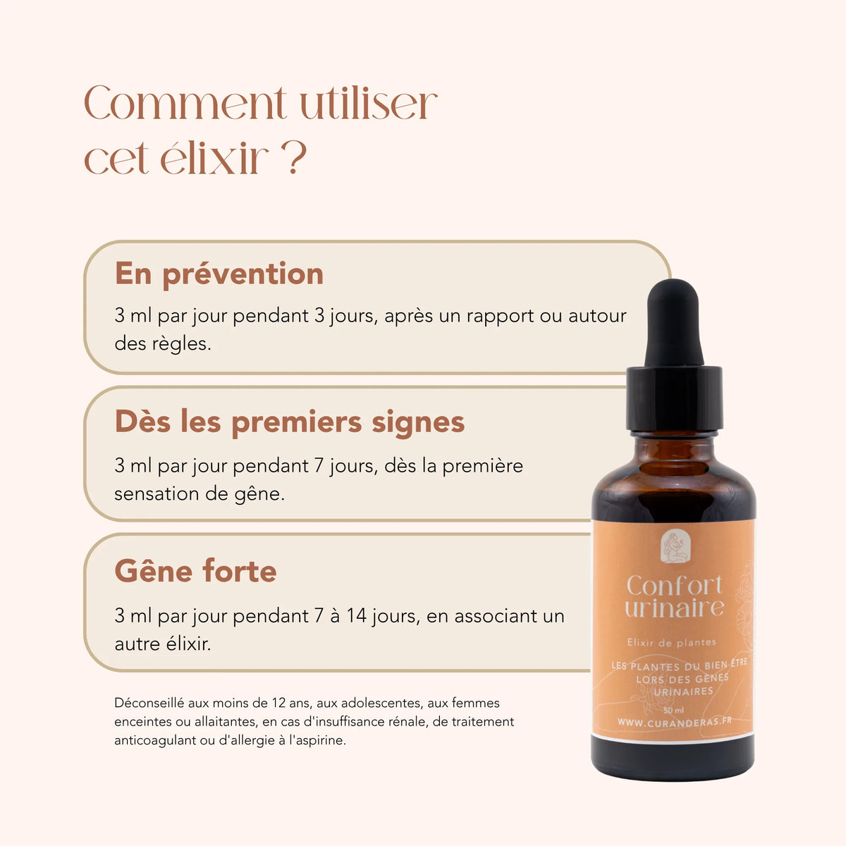Mode d'emploi de l'élixir Confort Urinaire : 3 ml par jour en prévention ou dès les premiers signes
