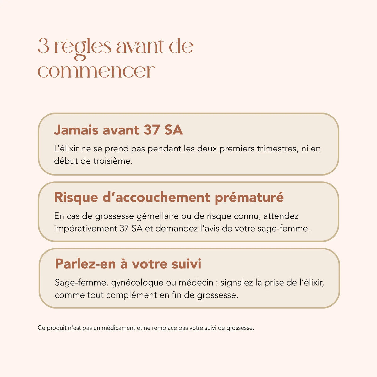 Précautions avant de prendre l'élixir Dar a Luz : jamais avant 37 SA, en parler à son suivi