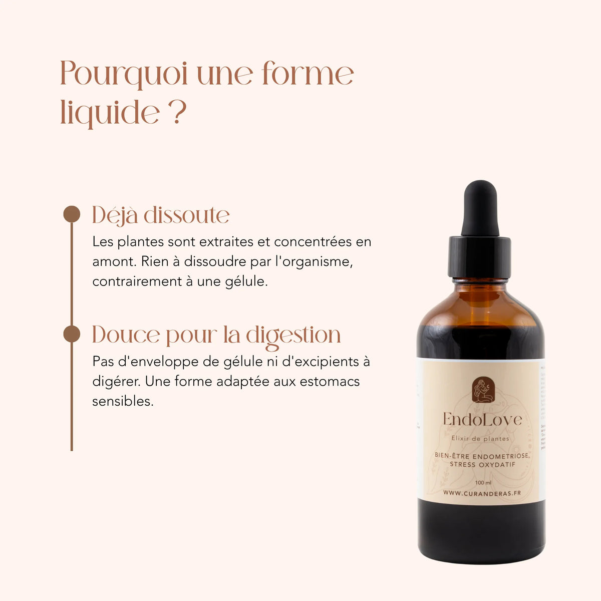 Élixir Endo Love en forme liquide : plantes déjà dissoutes, sans gélule ni excipient