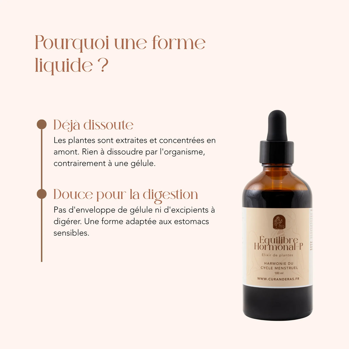 Élixir Équilibre Hormonal P en forme liquide : plantes déjà dissoutes, sans gélule ni excipient