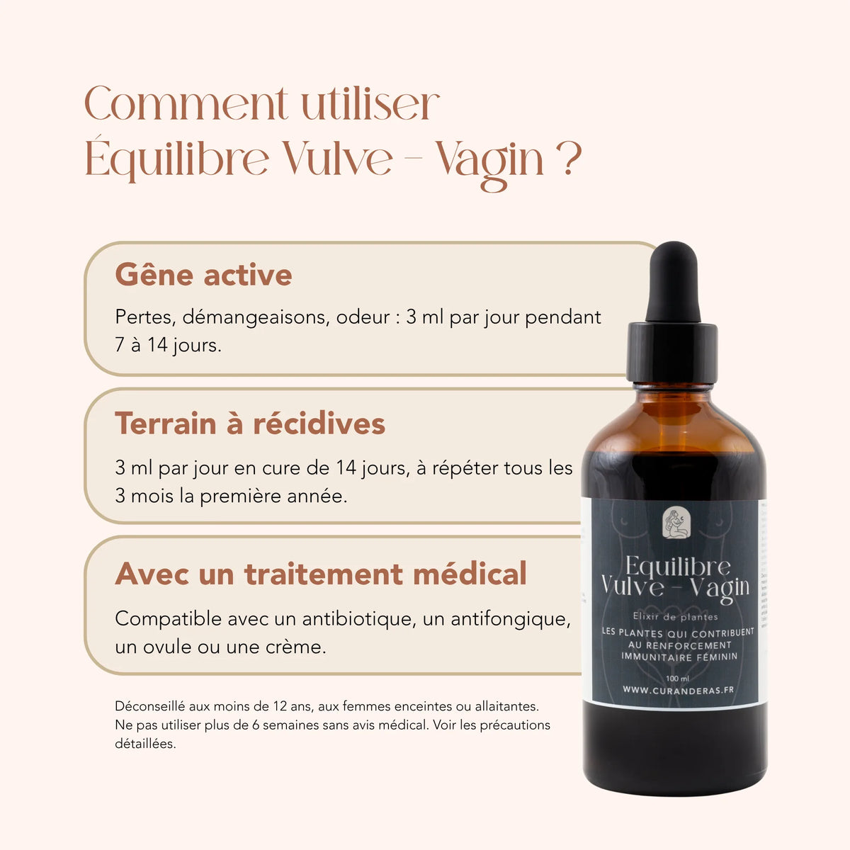 Mode d'emploi de l'élixir Équilibre Vulve Vagin : 3 ml par jour pendant 7 à 14 jours