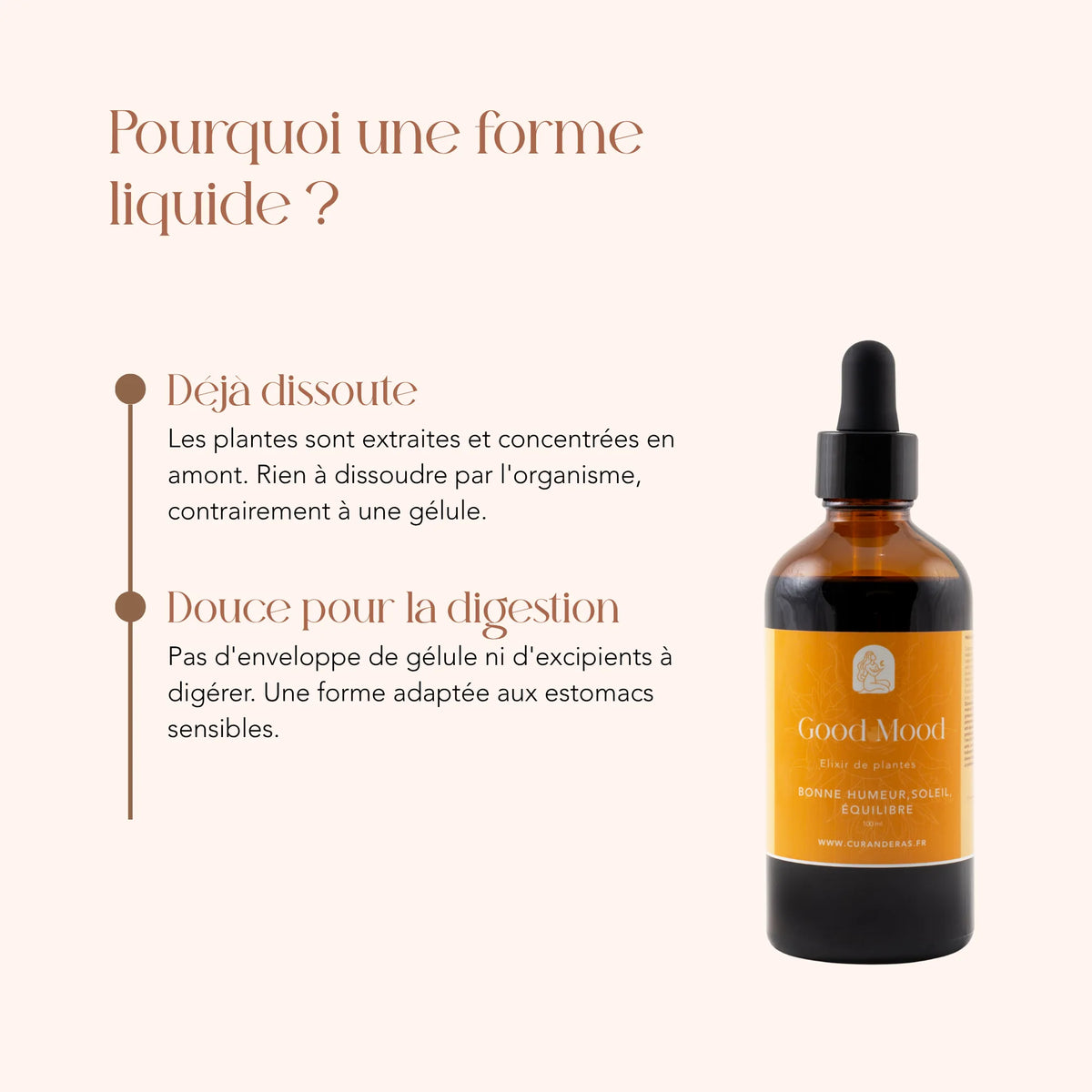 Élixir Good Mood en forme liquide : plantes déjà dissoutes, sans gélule ni excipient