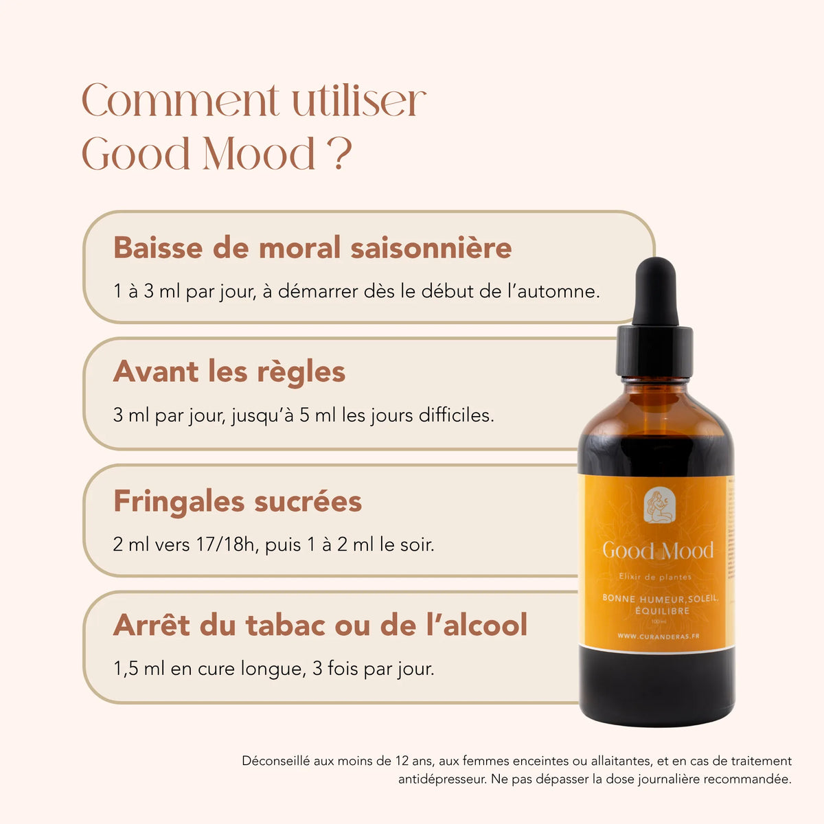 Mode d'emploi de l'élixir Good Mood : de 1 à 5 ml par jour selon la situation