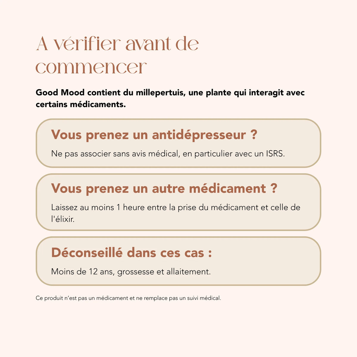 Précautions avant de prendre l'élixir Good Mood, qui contient du millepertuis