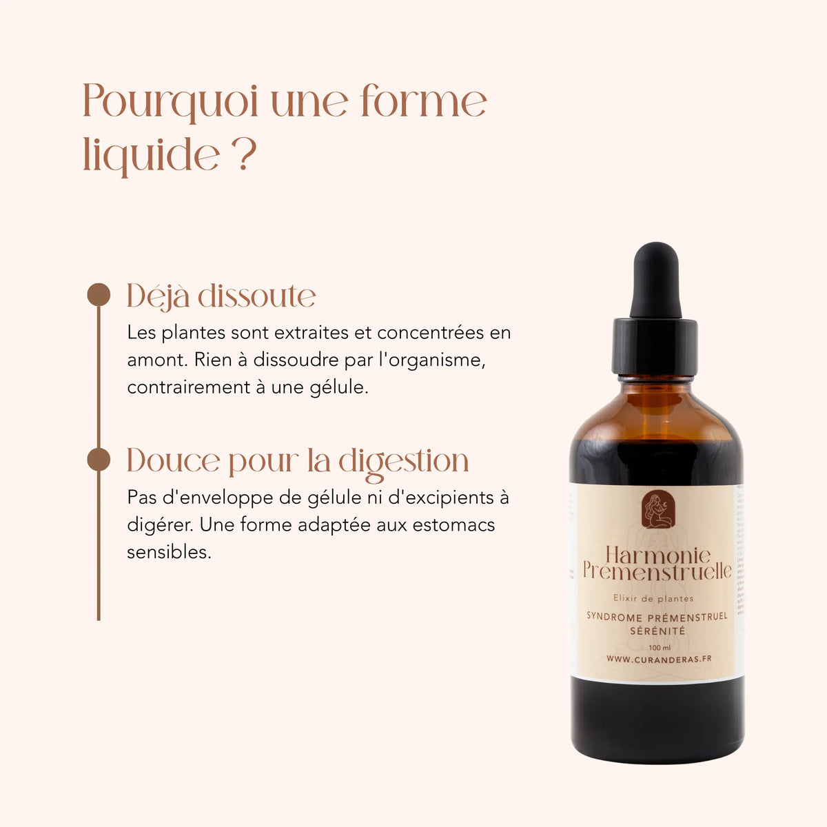 Élixir Harmonie Prémenstruelle en forme liquide : plantes déjà dissoutes, sans gélule ni excipient