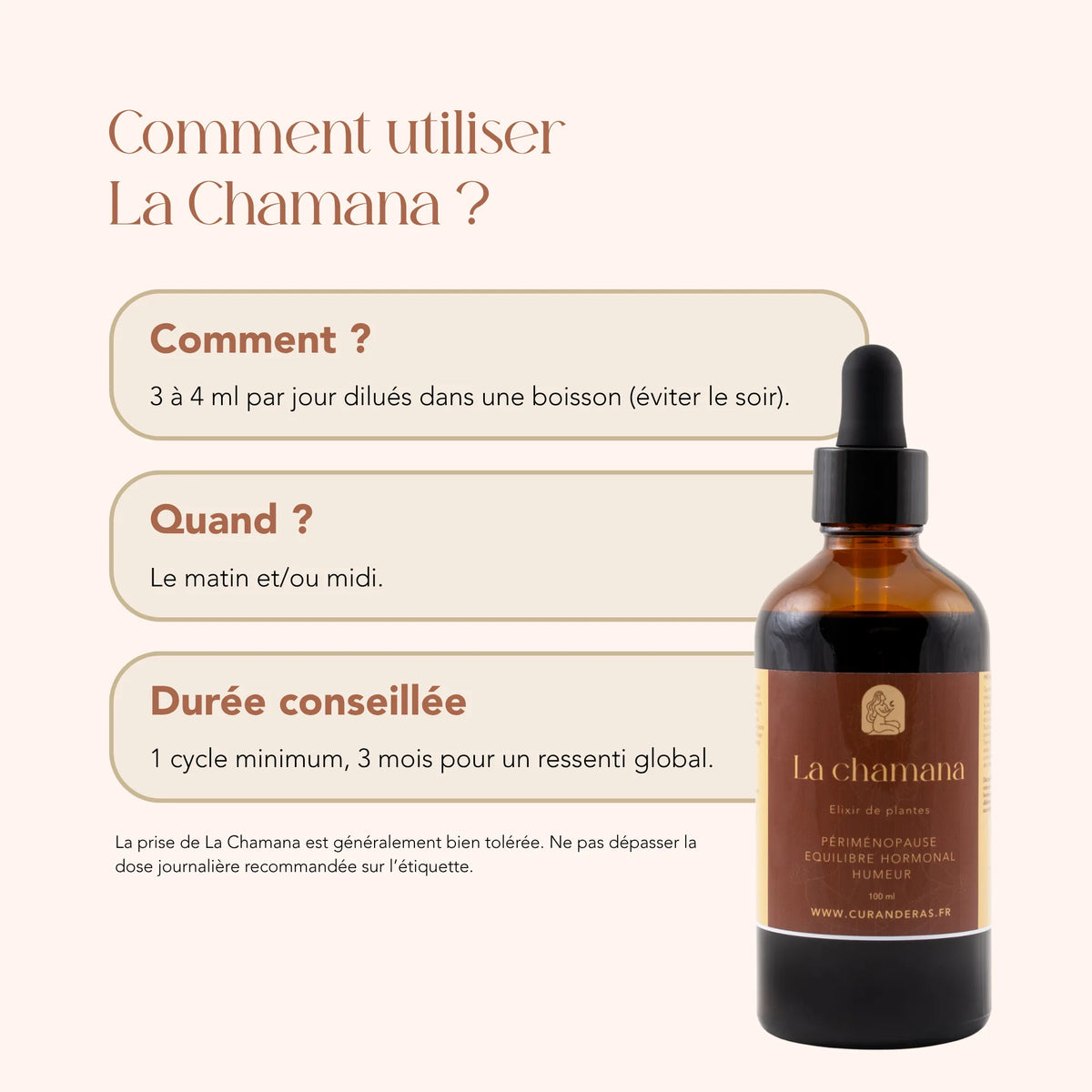 Mode d'emploi de l'élixir La Chamana : 3 à 4 ml par jour dilués dans une boisson, le matin ou le midi