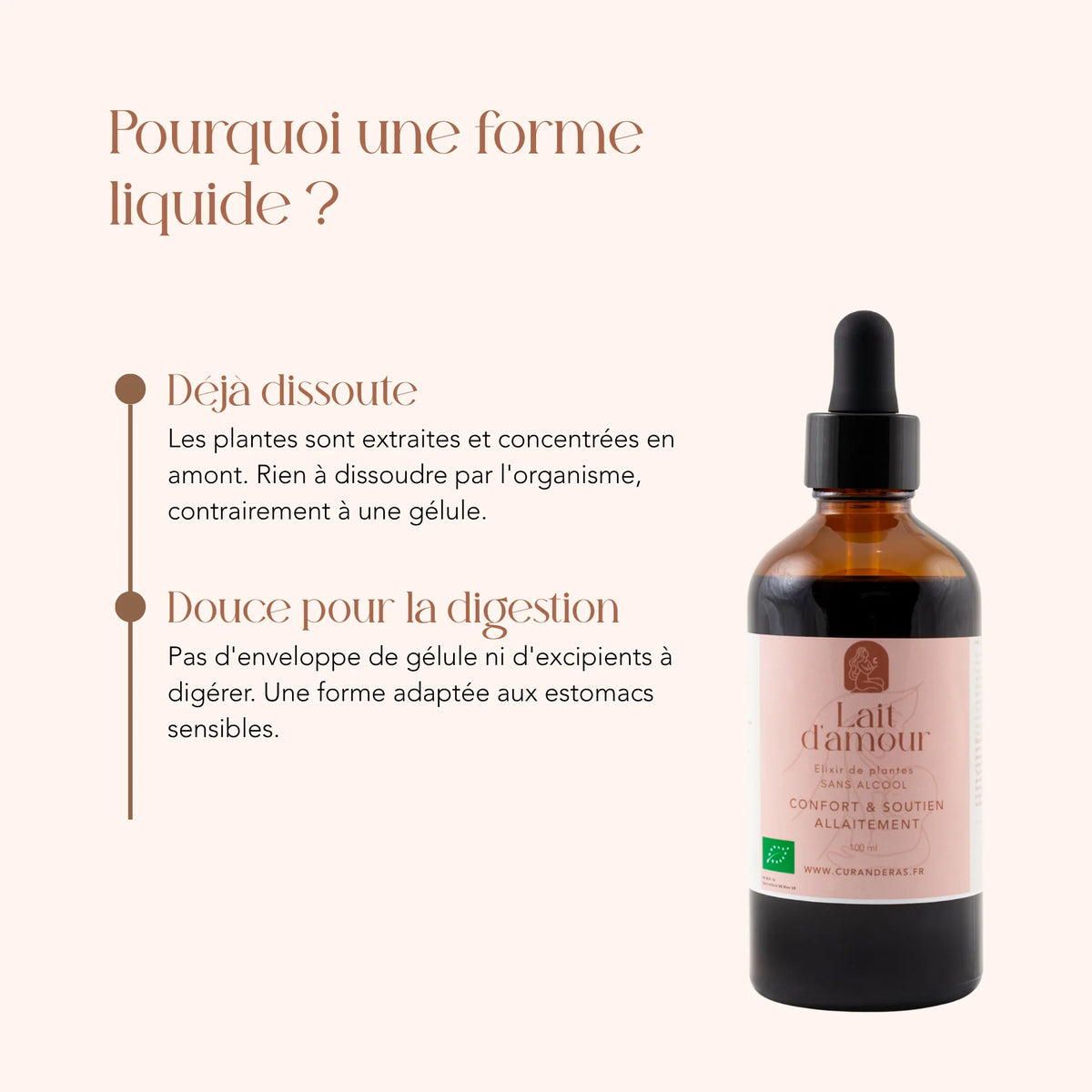 Élixir Lait d'Amour en forme liquide : plantes déjà dissoutes, sans gélule ni excipient
