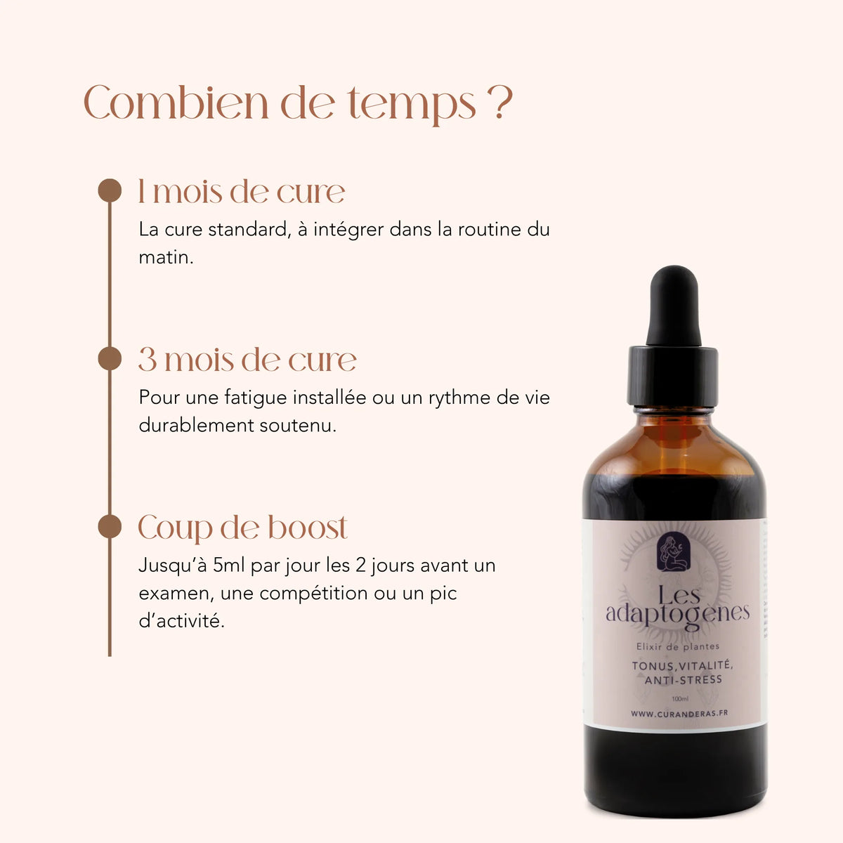Durée de cure de l'élixir Les Adaptogènes : 1 à 3 mois selon le rythme