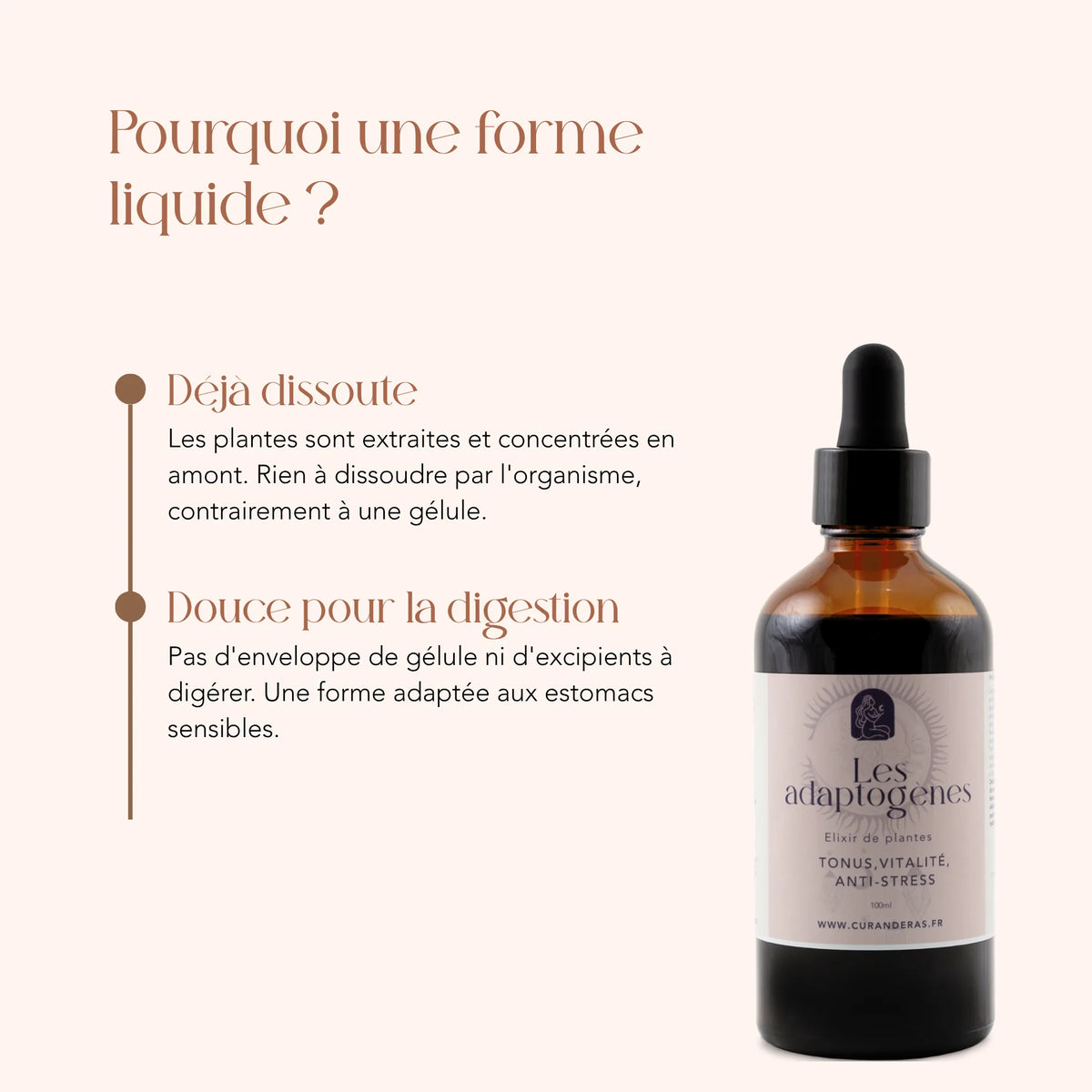 Élixir Les Adaptogènes en forme liquide : plantes déjà dissoutes, sans gélule ni excipient