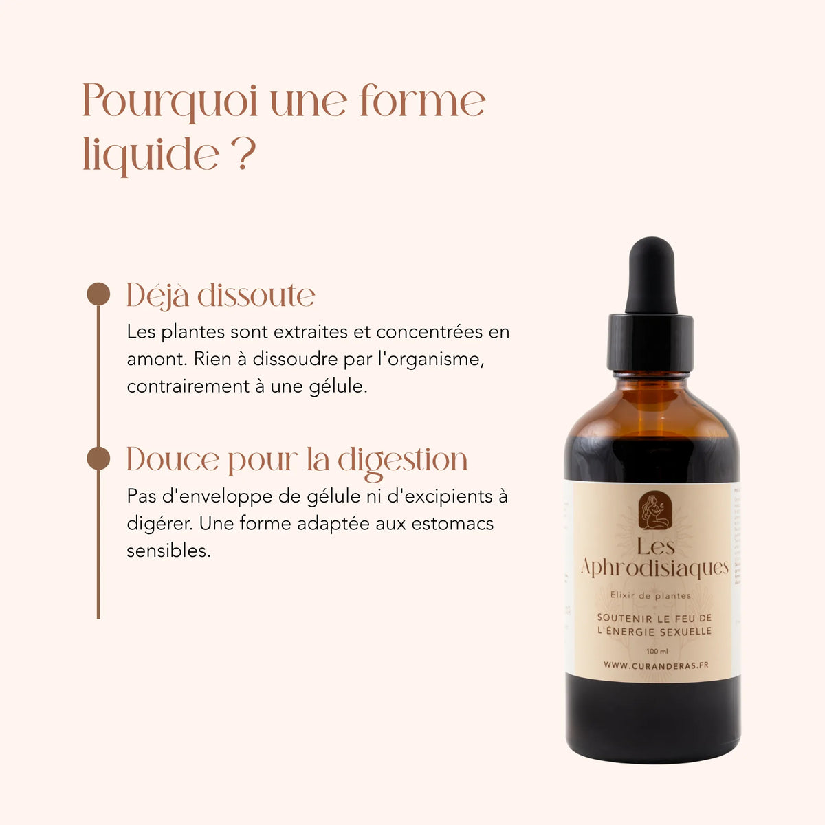 Élixir Les Aphrodisiaques en forme liquide : plantes déjà dissoutes, sans gélule ni excipient