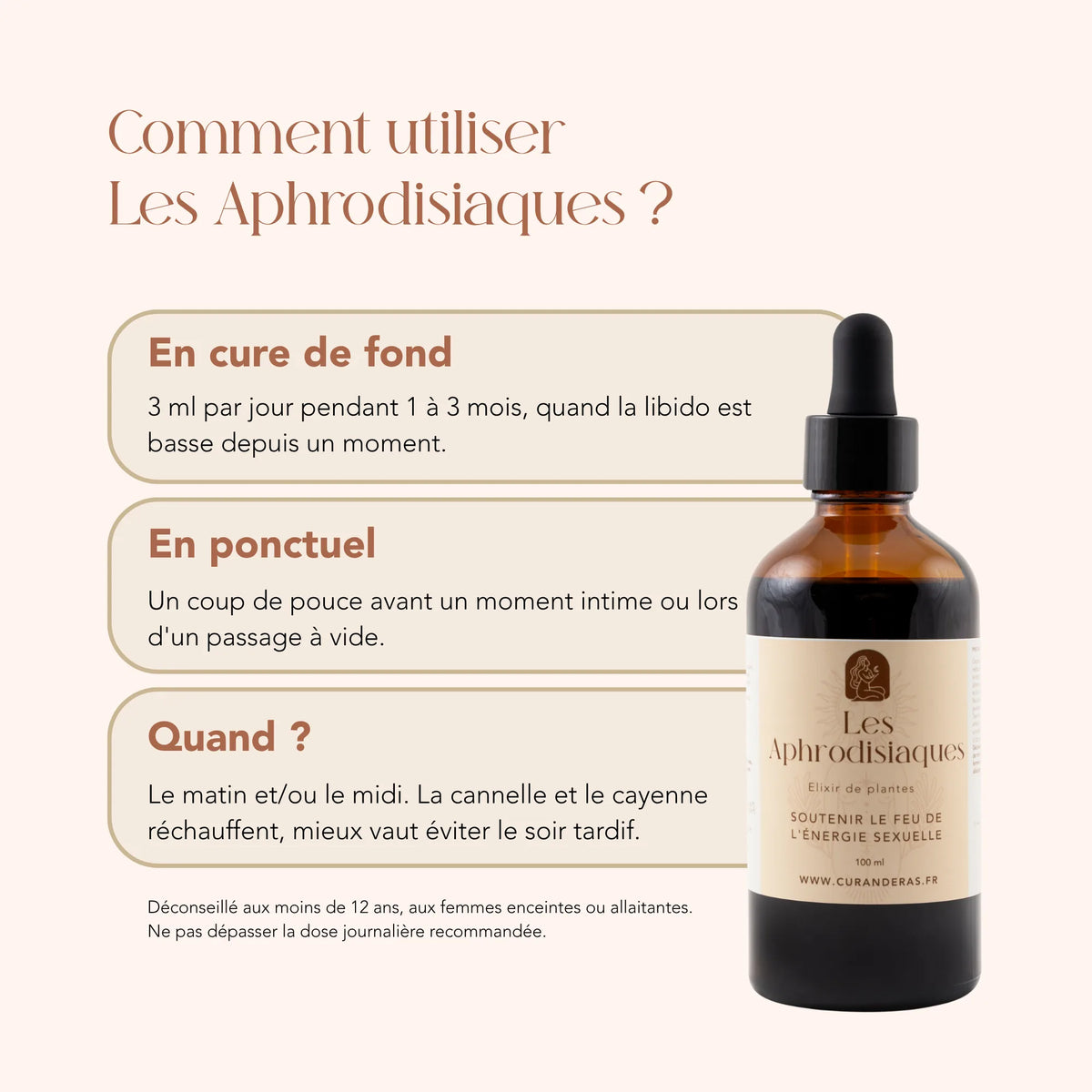Mode d'emploi de l'élixir Les Aphrodisiaques : 3 ml par jour en cure de fond ou en ponctuel
