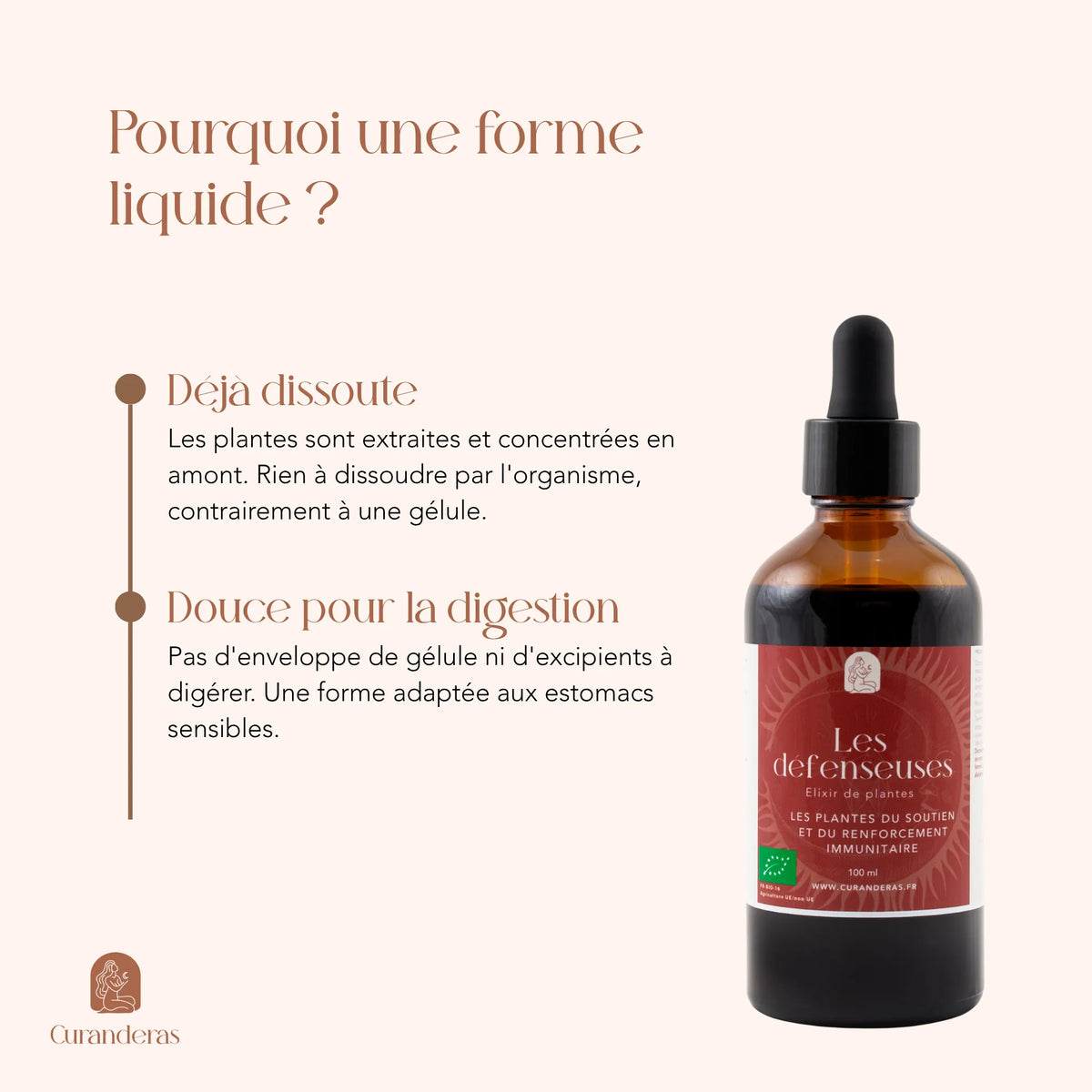 Élixir Les Défenseuses en forme liquide : plantes déjà dissoutes, sans gélule ni excipient