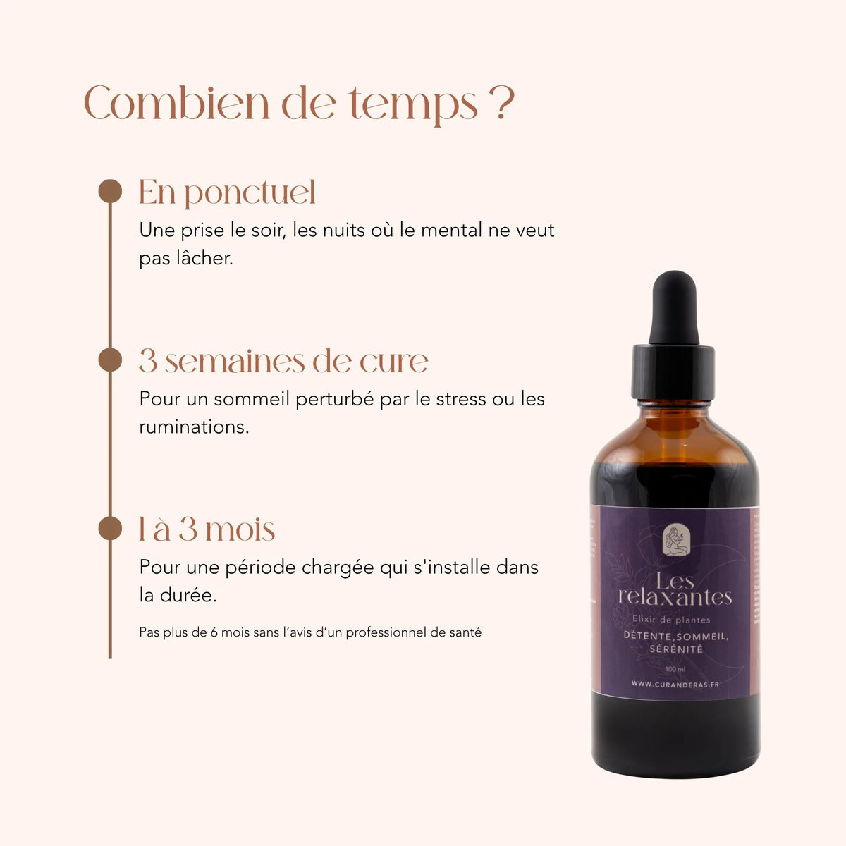 Durée de cure de l'élixir Les Relaxantes : en ponctuel, 3 semaines ou 1 à 3 mois