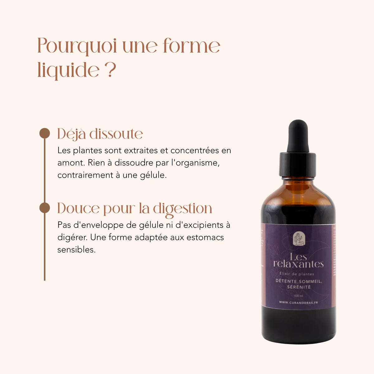 Élixir Les Relaxantes en forme liquide : plantes déjà dissoutes, sans gélule ni excipient