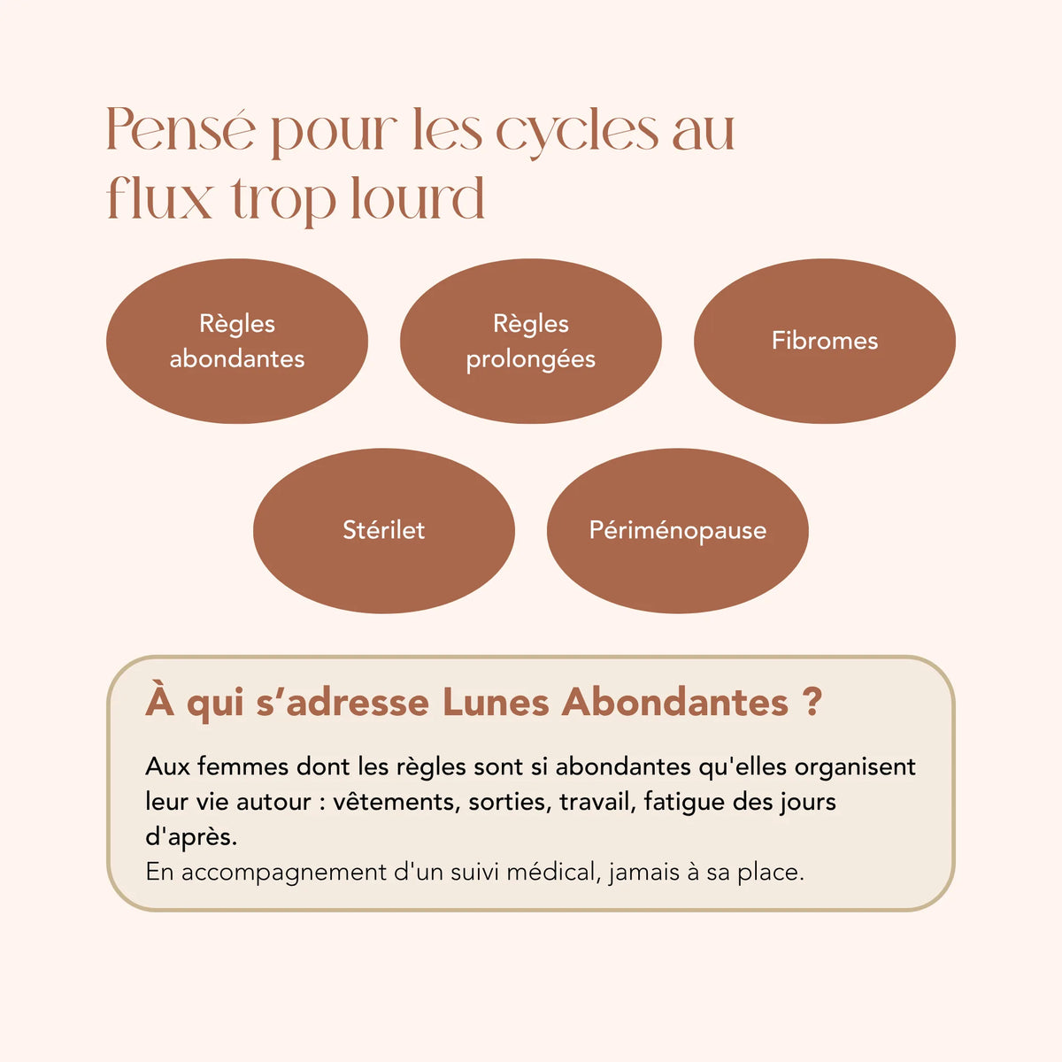 À qui s'adresse l'élixir Lunes Abondantes : les femmes aux règles abondantes, en complément du suivi médical