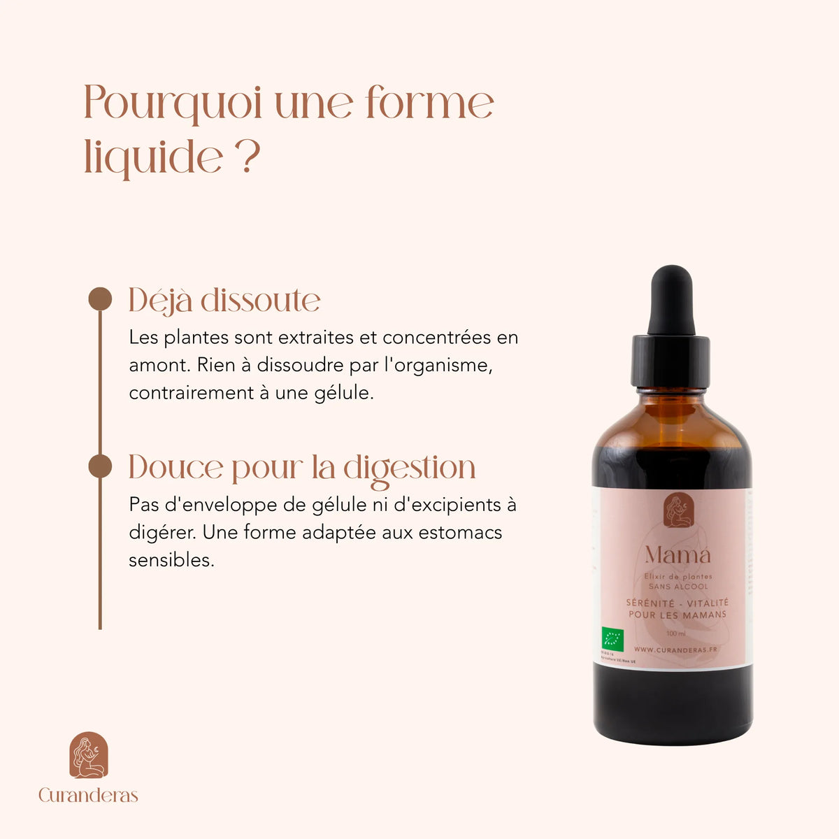 Élixir Mamá en forme liquide : plantes déjà dissoutes, sans gélule ni excipient