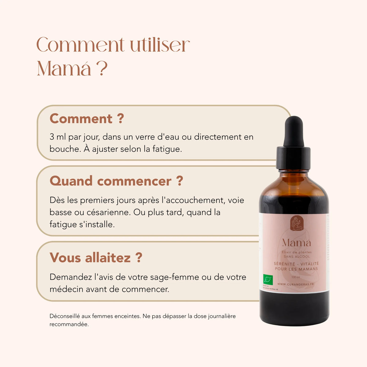 Mode d'emploi de l'élixir Mamá : 3 ml par jour dans un verre d'eau ou directement en bouche