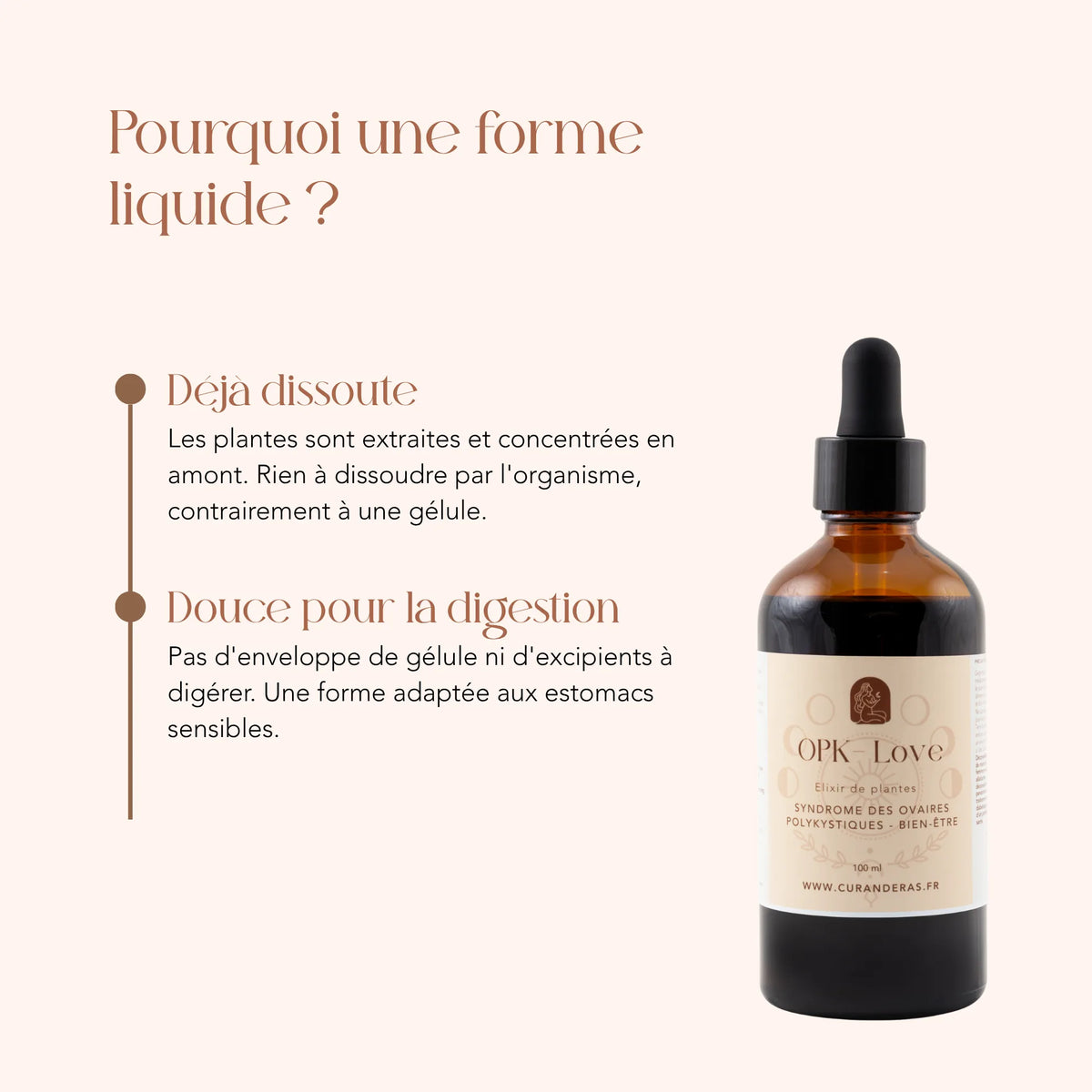 Élixir OPK Love en forme liquide : plantes déjà dissoutes, sans gélule ni excipient