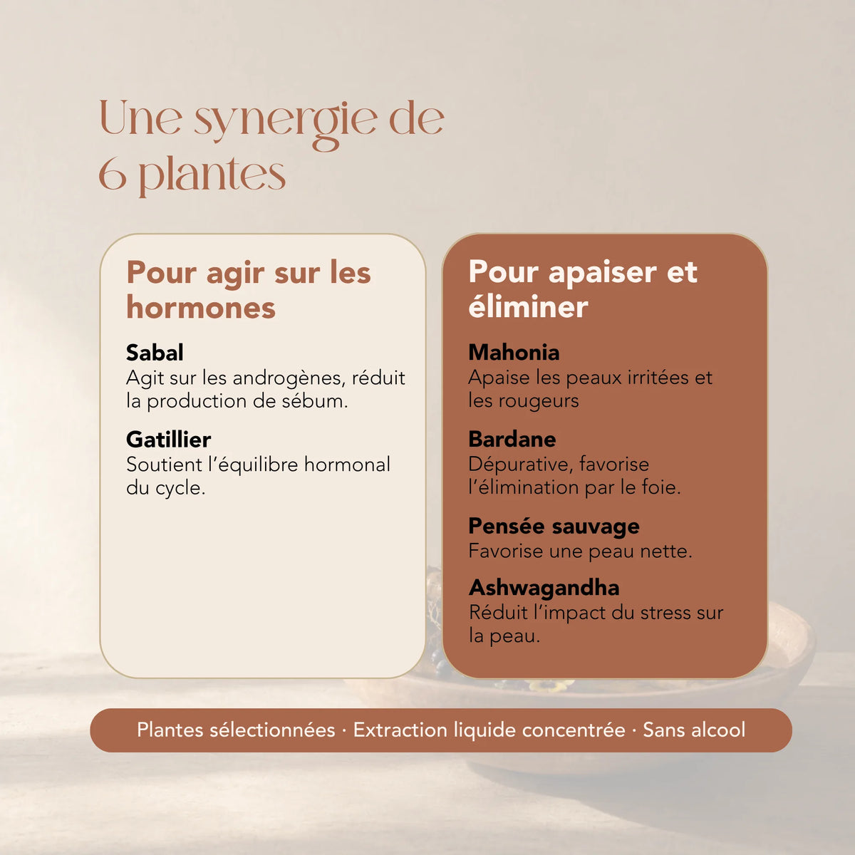 Composition de l'élixir Peau Hormonale : sabal, gattilier, mahonia, bardane, pensée sauvage et ashwagandha