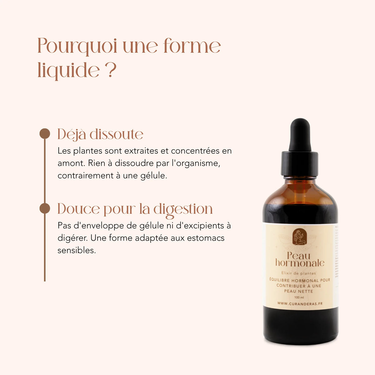 Élixir Peau Hormonale en forme liquide : plantes déjà dissoutes, sans gélule ni excipient