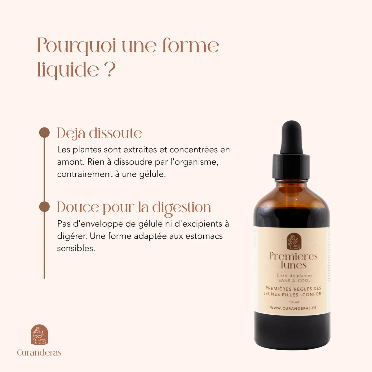 Élixir Les Premières Lunes en forme liquide : plantes déjà dissoutes, sans gélule ni excipient