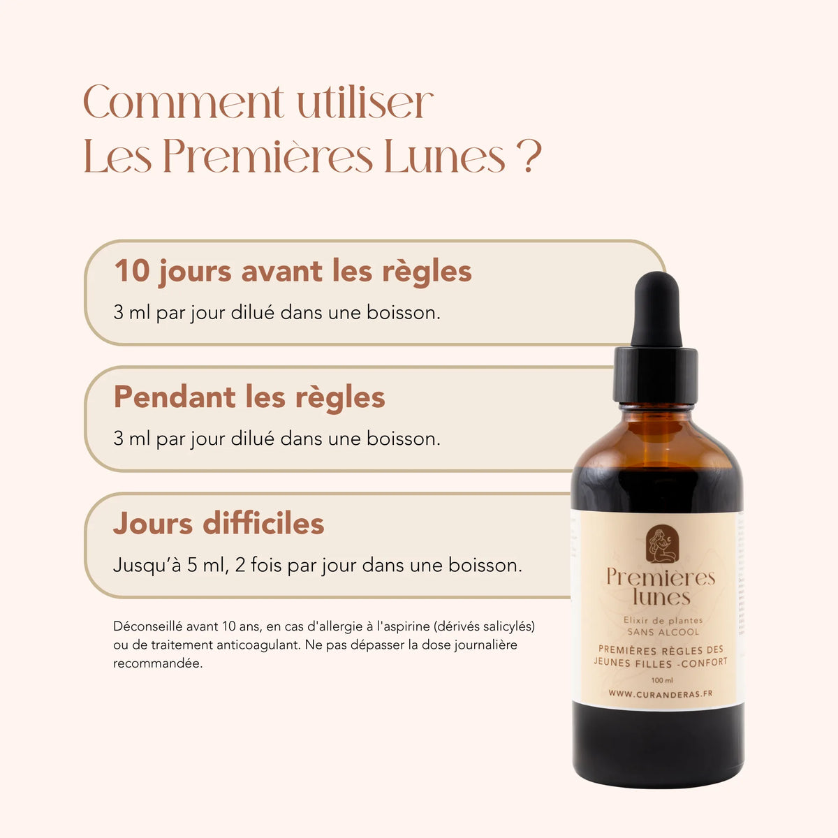 Mode d'emploi de l'élixir Les Premières Lunes : 3 ml par jour dilués, avant et pendant les règles